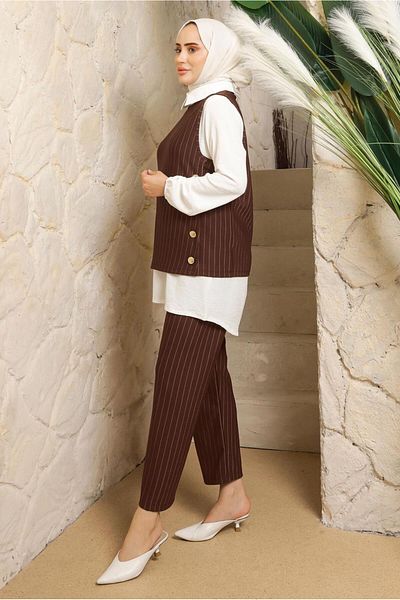 TRENDTESETTÜR Καφέ ριγέ Γυναικείο Σετ Τριών Γιλέκων - T 5443