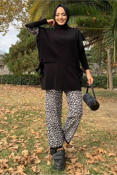 TRENDTESETTÜR WOMEN'S BLACK SLEEVELESS SIDE TIE DETAILED KNITWEAR SWEATER T 73222