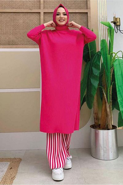 TRENDTESETTÜR Women's Fuchsia Bat Sleeve Ribbed Knitwear Tunik 1624
