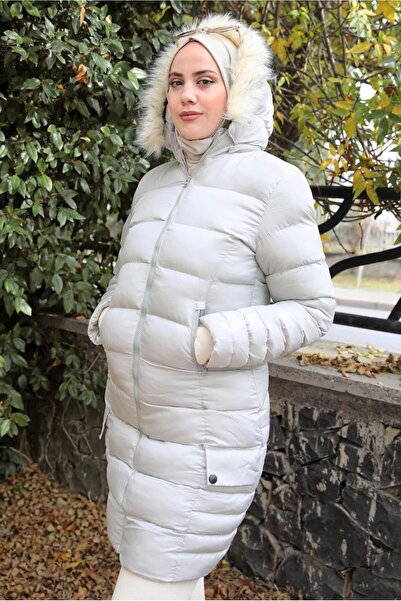 TRENDTESETTÜR Women's Gray Hooded Puffer Coat T 1531