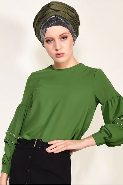 TRENDTESETTÜR Γυναικεία Πράσινη Μπαλόνι Μανίκι Πέρλα Λεπτομερή Μπλούζα 05261