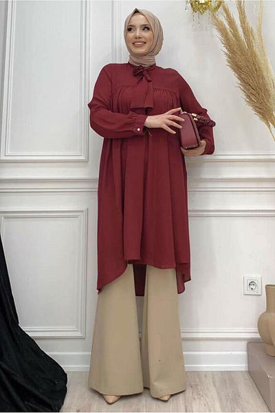 TRENDTESETTÜR سترة نسائية من الكريب الشيفون ذات الياقة المربوطة باللون العنابي T 4542