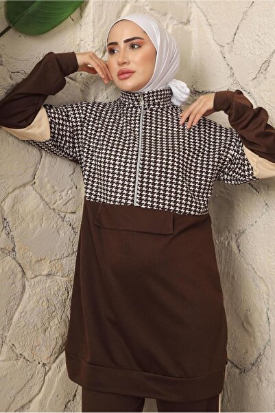 TRENDTESETTÜR WOMEN'S BROWN (COFFEE-BEIGE) PUMP PATTERNED ZIPPERED TRACK SUIT T 2143