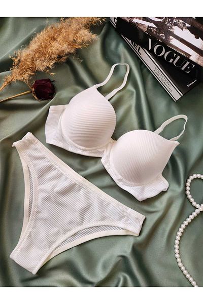 BY GUZEL Basic Ribbed Patterned Supported Ecru Bra Set