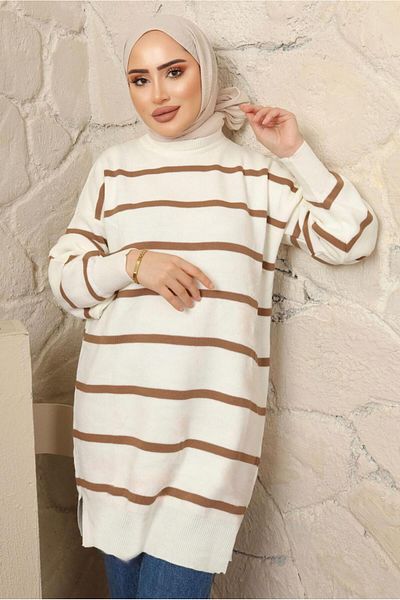 TRENDTESETTÜR WOMEN'S COFFEE (CAMEL) STRIPED TRICOT TUNIC T 1608