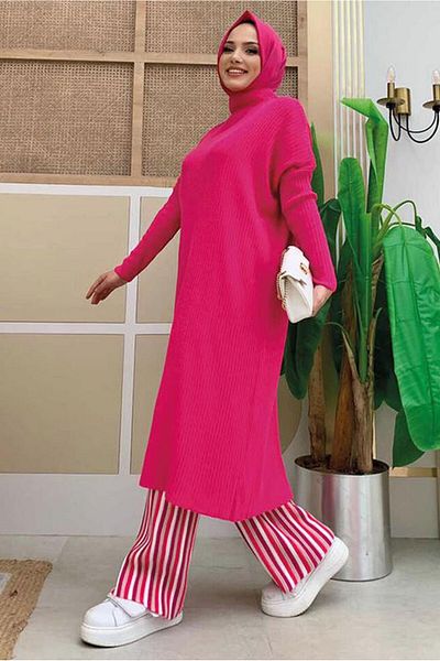 TRENDTESETTÜR Women's Fuchsia Bat Sleeve Ribbed Knitwear Tunik 1624