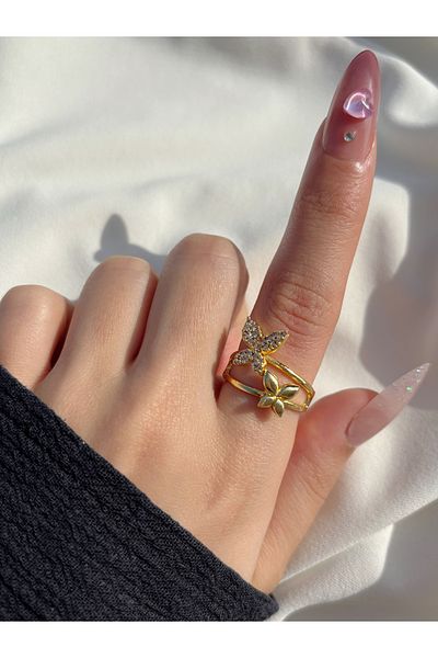 Eylülün Takısı Women's Gold Color Double Stone Butterfly Ring
