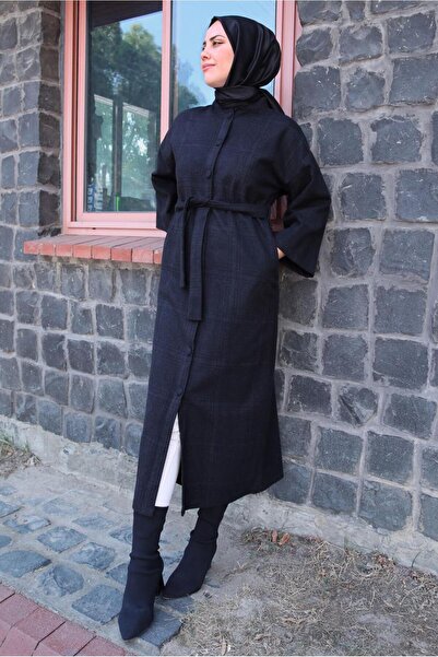 TRENDTESETTÜR WOMEN'S BLACK PLAID PATTERNED BELLOWED COAT T 5495