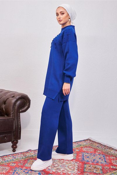 TRENDTESETTÜR Γυναικείο Navy Blue (SAKS) Πλεκτό Σετ με Παντελόνι με Πέρλες T 8608