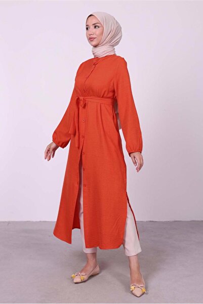 TRENDTESETTÜR Women's Orange (ORANGE) Side Slit Belted Long Tunic T 3395
