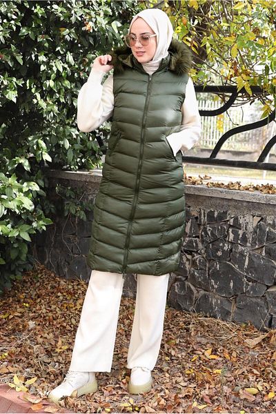 TRENDTESETTÜR Women's Khaki Hooded Inflatable Vest T 2020-1