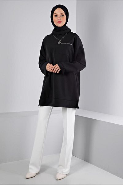 TRENDTESETTÜR WOMEN'S BLACK DEGAJE COLLAR TUNIC T 43453