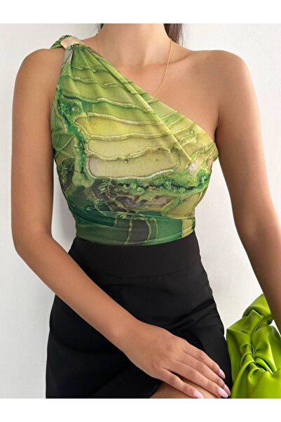 Glysso Aksesuar Detaylı Tek Omuz Batik Yeşil Crop Bluz