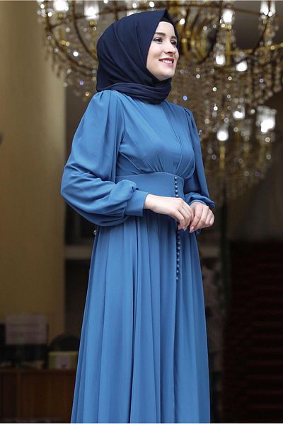 TRENDTESETTÜR Дамска тъмносиня (INDIGO) вечерна рокля с балон ръкав и копчета, детайл T 0253