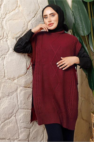 TRENDTESETTÜR Women's Claret Red Side Tie Detailed Sleeveless Knitwear Poncho T 5208