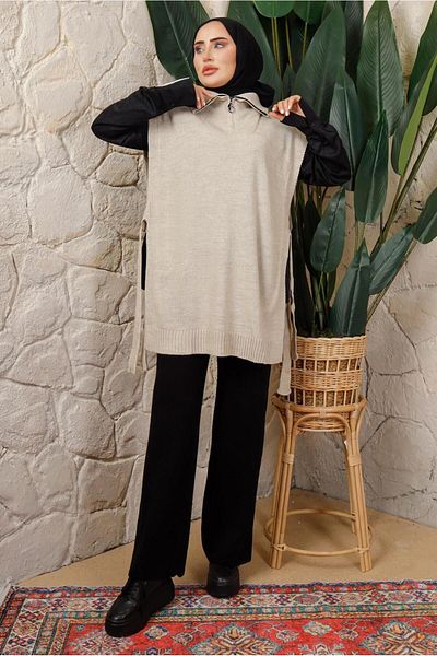 TRENDTESETTÜR PONCHO T 6208 PENTRU FEMEI BEJ (PIATRĂ) DETALIE FERMOAR FĂRĂ MÂNECĂ