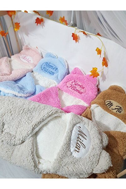 Baby Clime İsim Nakışlı Sarma Battaniye Dış Kundak Mavi - Pelüş Kapüşonlu Çif...
