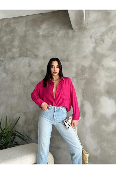 Glysso Fuchsia Pink Oversize Linen Women's Shirt - Basic Model with Pocket De...