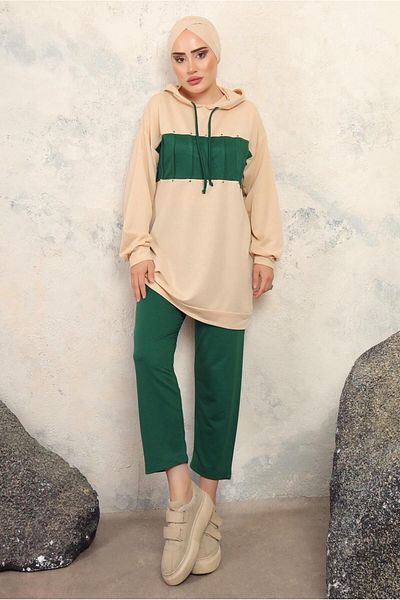 TRENDTESETTÜR WOMEN'S GREEN (ZEMRUT) HOODED PANT SUIT T 2943