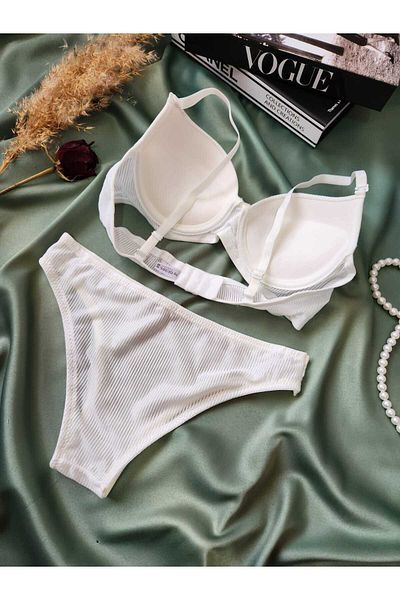 BY GUZEL Basic Ribbed Patterned Supported Ecru Bra Set