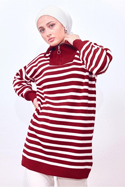 TRENDTESETTÜR تونيك تريكو مخطط باللون الأحمر للنساء 0908