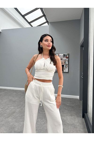 Glysso Ecru Muslin Women's Bustier and Pants Set - Halter Neck