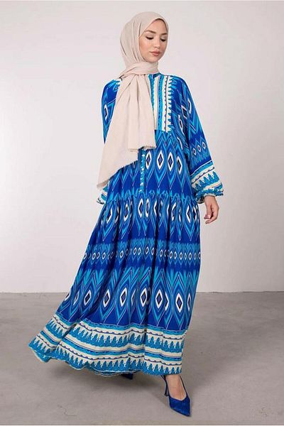 TRENDTESETTÜR ΓΥΝΑΙΚΕΙΟ ΣΚΟΥΡΟ ΜΠΛΕ (SAKS) ΦΟΡΕΜΑ ΜΕ ΜΠΑΛΟΝΙ ΜΕ ΕΘΝΙΚΟ ΣΧΕΔΙΟ T 2605-1