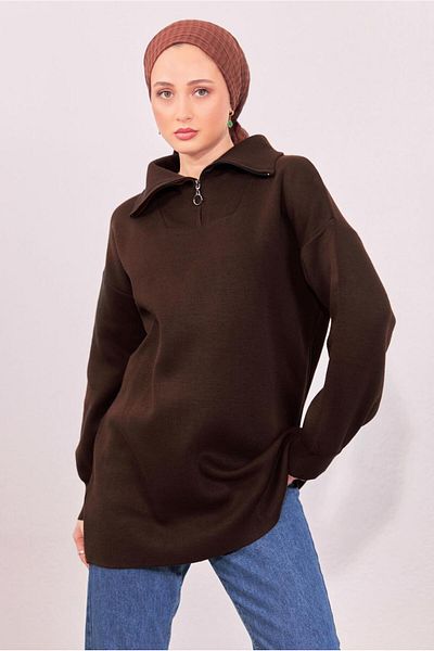 TRENDTESETTÜR WOMEN'S BROWN COLLAR ZIPPERED KNITWEAR TUNIC T 1908