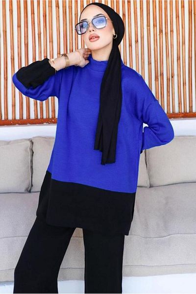 TRENDTESETTÜR Γυναικείο Navy Blue (SAKS) Πλεκτό Σετ με Παντελόνι T 10032