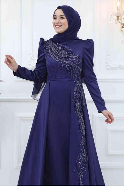 TRENDTESETTÜR Rochie de seară pentru femei, albastru bleumarin, cu paiete, brodate cu margele, T 5553