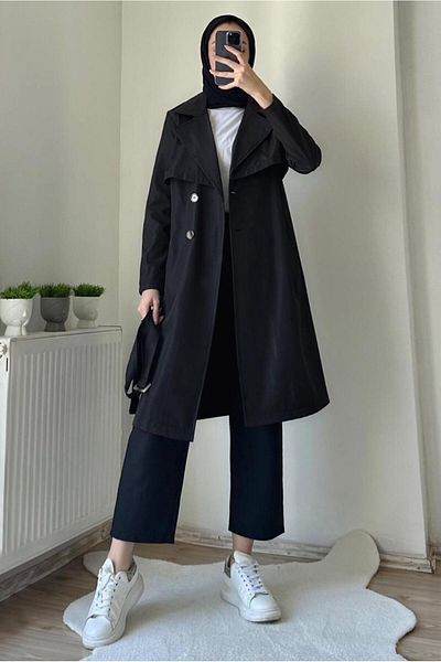 TRENDTESETTÜR Γυναικεία μαύρη καμπαρντίνα με διπλό πέτο με ζώνη T 7395