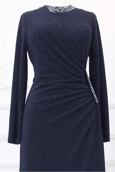 TRENDTESETTÜR WOMEN'S NAVY BLUE STONE DETAILED EVENING DRESS T 9653