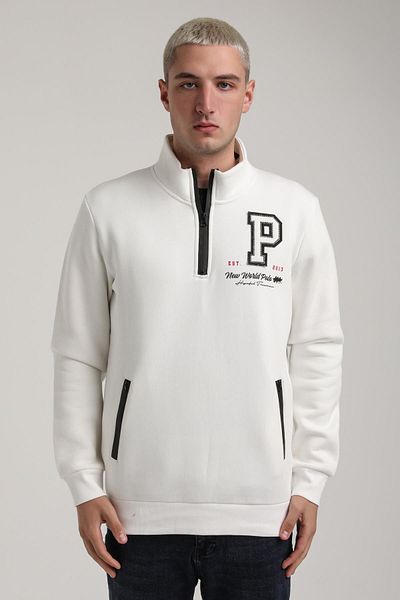 NEW WORLD POLO Stand Collar Ecru Slim Fit Full-Zip Sweatshirt 24Fwm64075