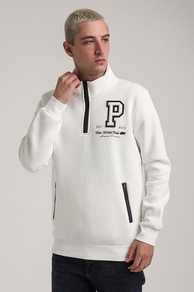 NEW WORLD POLO Stand Collar Ecru Slim Fit Full-Zip Sweatshirt 24Fwm64075