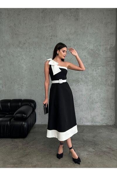 Glysso Black Evening Dress with Ribbon Detail and One Shoulder Belt