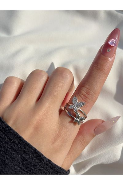 Eylülün Takısı Women's Silver Color Double Stone Butterfly Ring