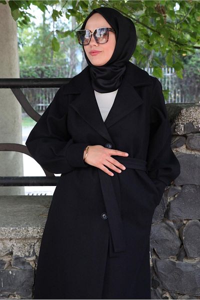 TRENDTESETTÜR معطف بياقة مزدوجة الصدر بحزام أسود للنساء T 6495