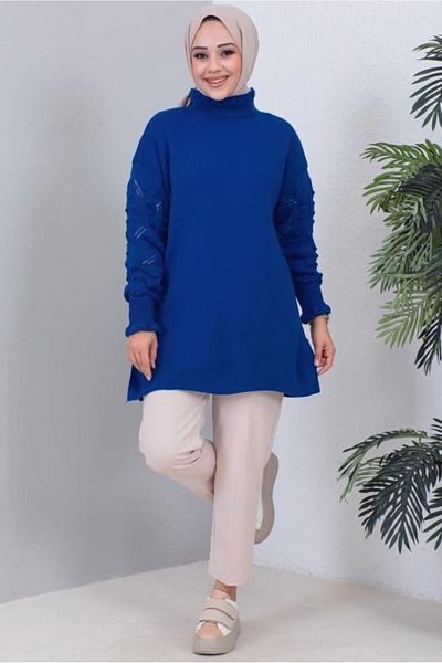 TRENDTESETTÜR WOMEN'S NAVY BLUE (SAX) Ruffle Detailed Knitwear SWEATER T 8003