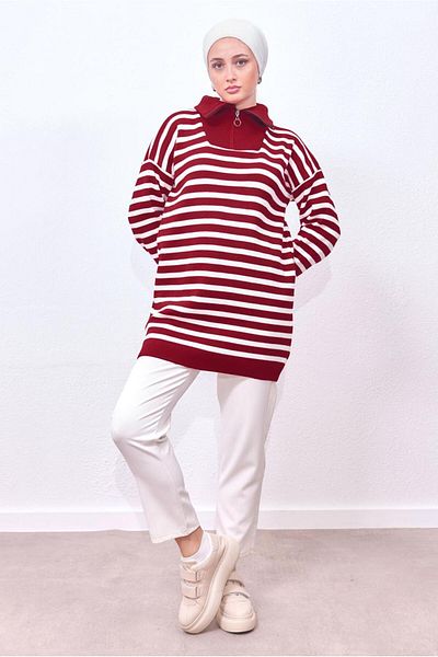 TRENDTESETTÜR WOMEN'S RED STRIPED TRICOT TUNIC T 0908