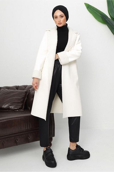 TRENDTESETTÜR Women's Ecru Belted Faux Leather Coat T 1153