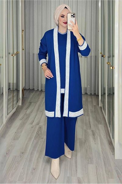TRENDTESETTÜR Γυναικείο Navy Blue (SAKS) Πλεκτό Σετ με Τριπλό Παντελόνι T 1588