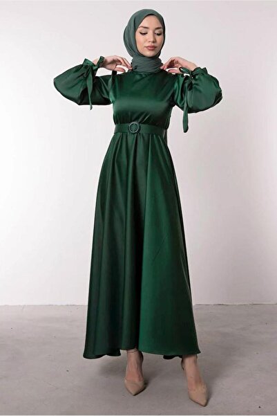 TRENDTESETTÜR Γυναικείο Πράσινο (ZEMRUTE) Σατέν βραδινό φόρεμα T 1395 με ζώνη