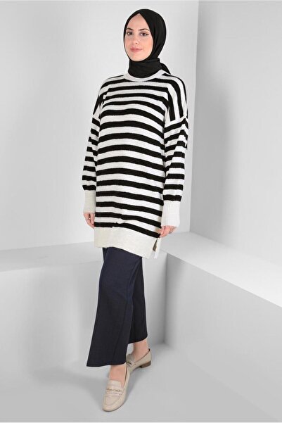 TRENDTESETTÜR WOMEN'S BLACK (BLACK-WHITE) STRIPED KNIT TUNIC T 4608