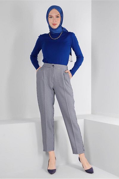 TRENDTESETTÜR WOMEN'S NAVY BLUE SCRATCH PATTERNED PANT T 70437
