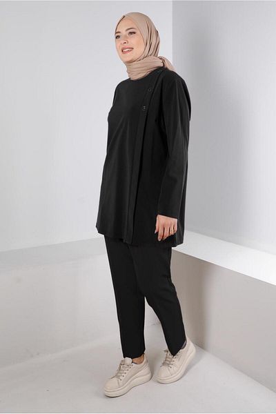 TRENDTESETTÜR WOMEN'S BLACK BUTTON DETAIL TUNIC T 20300