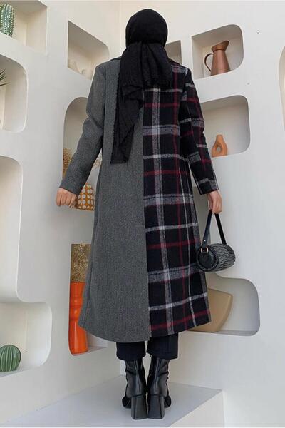 TRENDTESETTÜR WOMEN'S GRAY (SMOKED) PLAID PATTERNED COAT T 2977