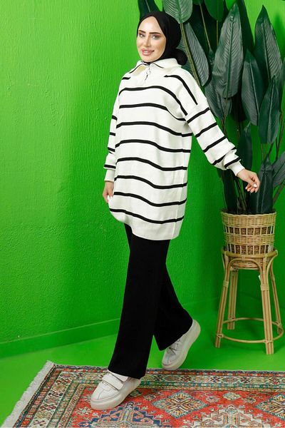 TRENDTESETTÜR Women's Black Striped Collar Zippered Trousers Knitwear Suit T 1208