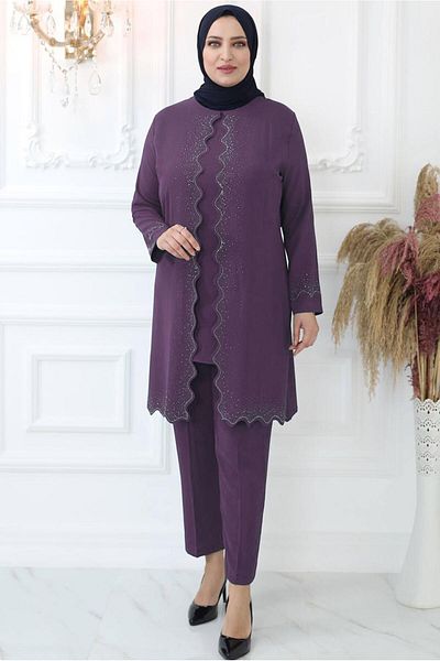 TRENDTESETTÜR WOMEN'S PURPLE (VIOLET) STONE EMBROIDERED PANT SUIT T 4521