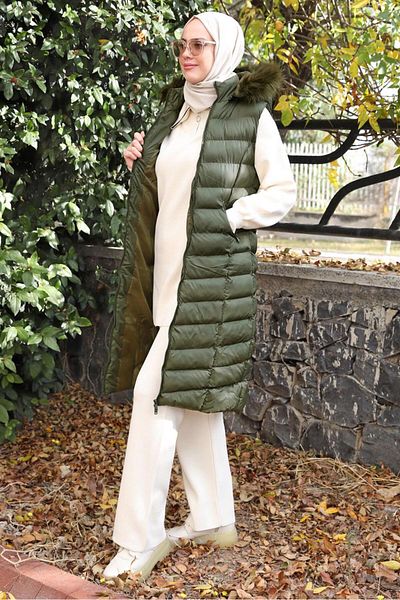TRENDTESETTÜR Women's Khaki Hooded Inflatable Vest T 2020-1