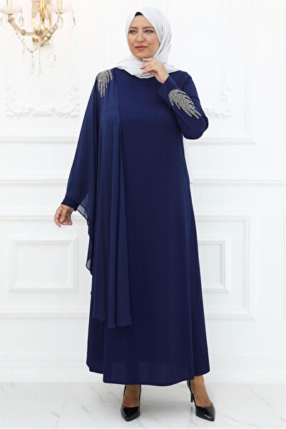 TRENDTESETTÜR KADIN LACİVERT (İNDİGO) TAŞLI ABİYE ELBİSE T 5921